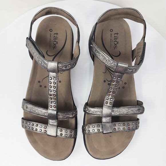 Taos Taos Replay Abeo Biosystem Sandals Women 10 Pewter Leather Stud Embroidered - Picture 4 of 15